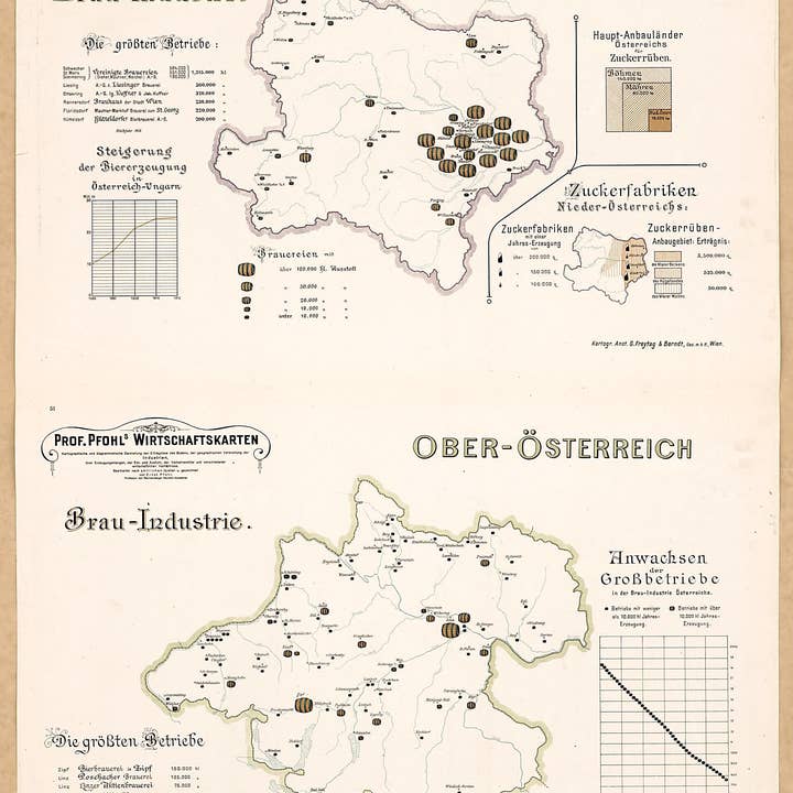 Relic Map Co. - Wholesale Map - Nieder-Osterrreich Brau-Industrie; Ober Osterrreich Brau-Industrie from Prof. Pfohls Wirtschaftskarten 1913