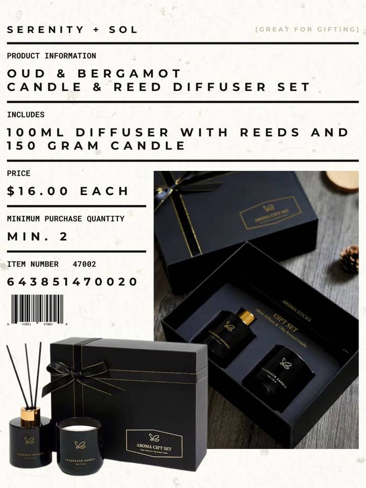 Oud and Bergamot Candle and Reed Diffuser for wholesale by Serenity + Sol