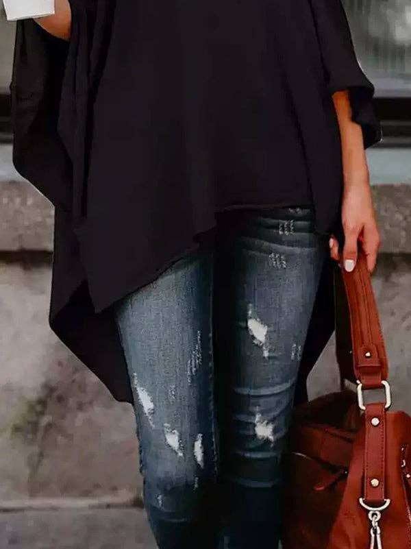 SVART Avslappnade asymmetriska enfärgade T-shirttoppar med hög hals för wholesale på Faire2