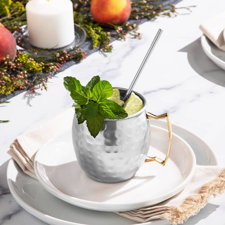 Sol Living - Wholesale Cocktail/Liquor Glass - Moscow Mule Mugs - 4 Pack - Siver/Copper (4 Cups + 4 Straws)5