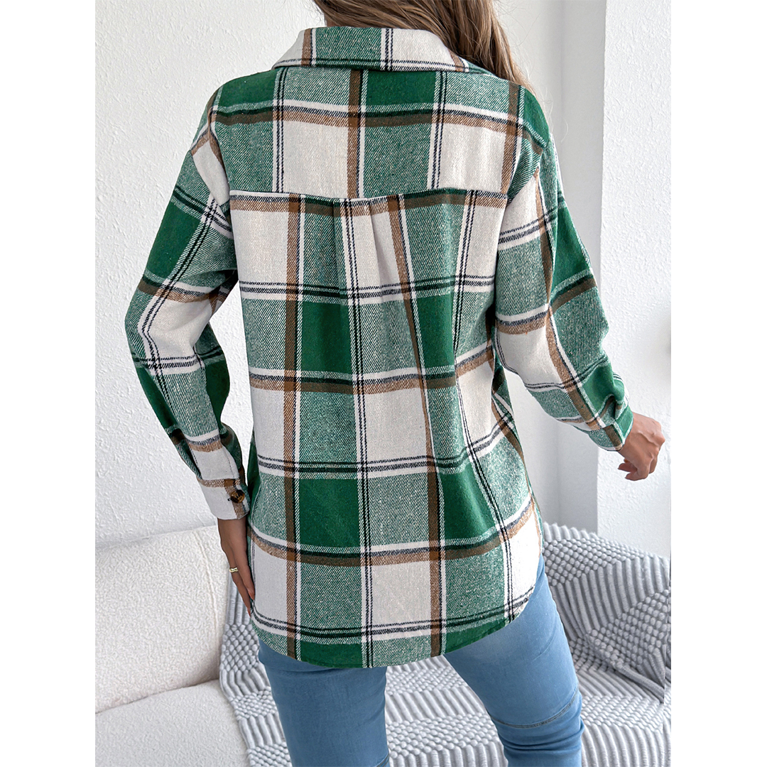 UNISHE – wholesale Jacket – Women's – Fall Plaid Faux Pocket Long Sleeve Mid-Length Jacket BJS27710