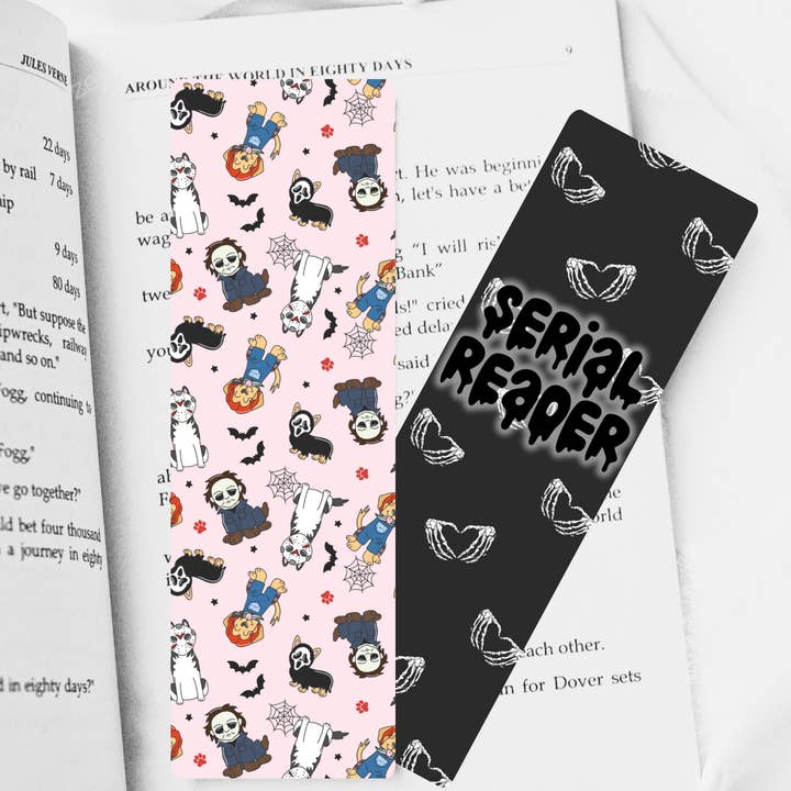 Thriller Movies Inspired Dogs Serial Reader Dual-Sided Cardstock Bookmark for wholesale by Awfullynerdy.co