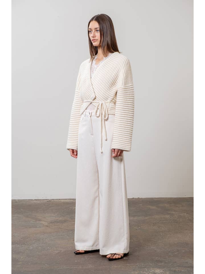 Moon River - Wholesale Cardigan - Women's - WRAP SIDE TIE RIBBED KNIT CARDIGAN