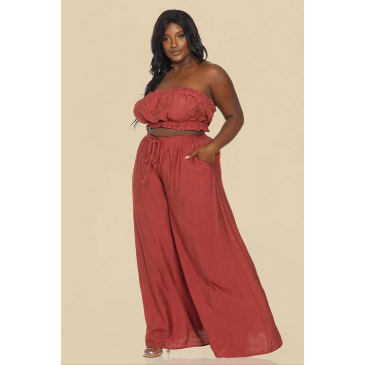 The Sang - Wholesale Top & Pant Set (NOT Loungewear) - Women's - PLUS SHIRRED TUBE TOP WITH MATCHING PALAZZO PANTS SET