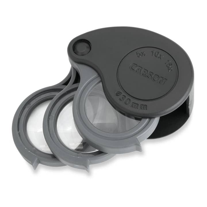 Carson - Wholesale Magnifying Glass - 5x/10x/15x Folding Loupe Magnifying Glass with Built-In Case
