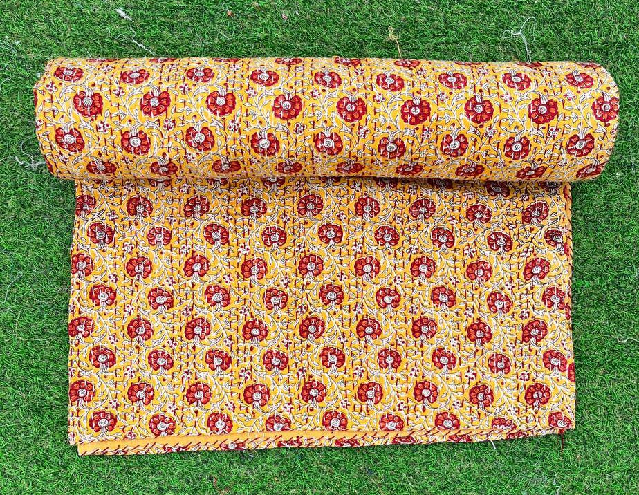 bhavnas boutique - Wholesale Quilt - Yellow Floral Print Kantha Quilt Queen Size Bedspreads Throw2