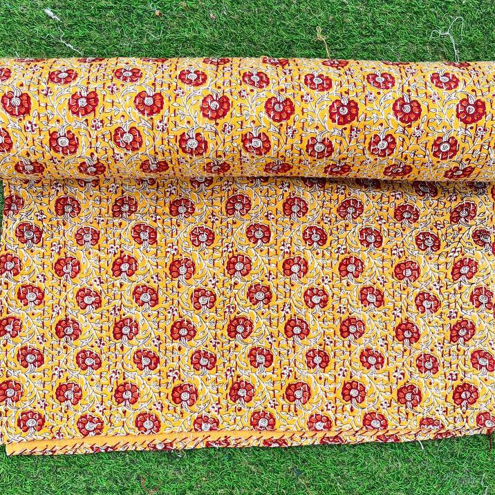 bhavnas boutique - Wholesale Quilt - Yellow Floral Print Kantha Quilt Queen Size Bedspreads Throw2
