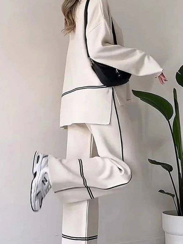 VividLux - Wholesale Top & Pant Set (NOT Loungewear) - Women's - High-Low Contrast Color Split-Side Round-Neck Sweater Top + High Waisted Pants Bottom Two Pieces Set4