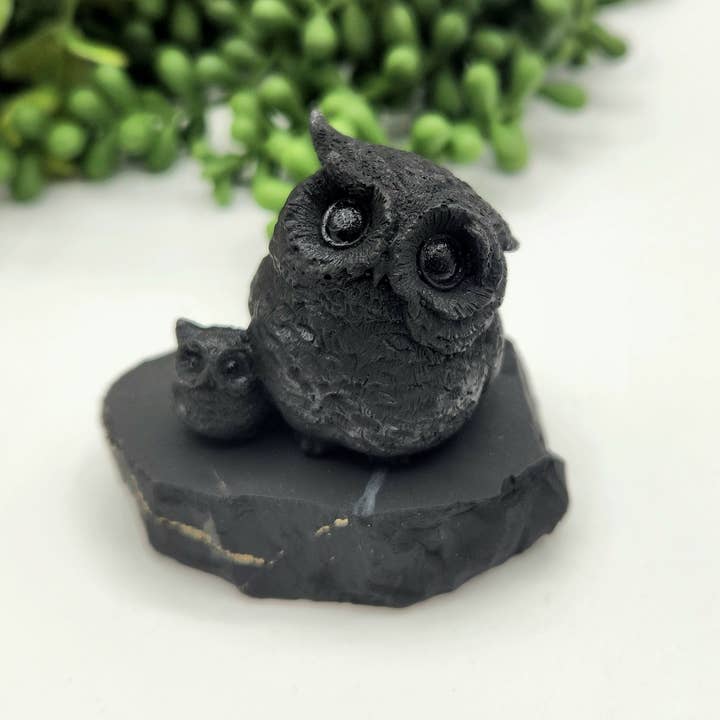 Meraki Gemstones - Wholesale Decorative Figurine - Shungite Figurine Owl and Owlet - EMF Protection (6.5x4x5cm)
