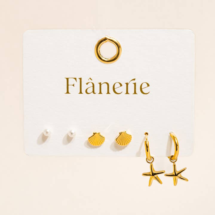 Ouro amarelo Brinco Cécile 18K Ouro Não Desbotável Estrela, Concha, Pérola para venda a revendedores na Faire1