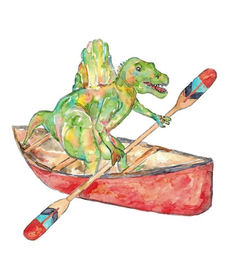 Goodfairyart - Vente Affiche d'art - Spinosaure sur canoë, peinture de dinosaure, aquarelle3