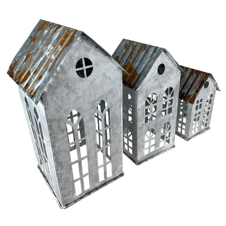 Zeckos - Wholesale Candle Holder - Rustic Charm Set of 3 Distressed Metal House Lanterns