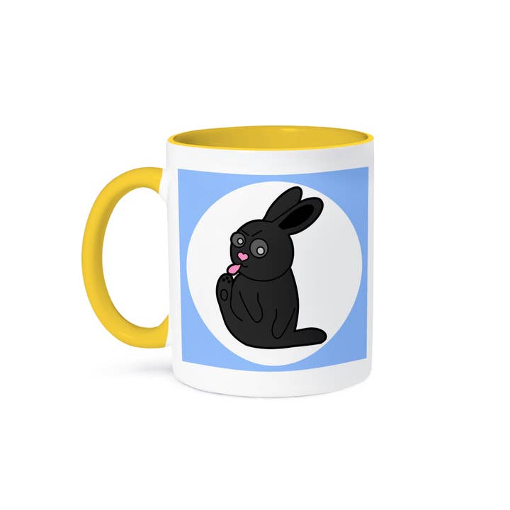 3dRose - Wholesale Coffee Mug - 3dRose, Cute Black Little Rabbit - Grumpy Bunny Cleans His Toes - Blue, Mug