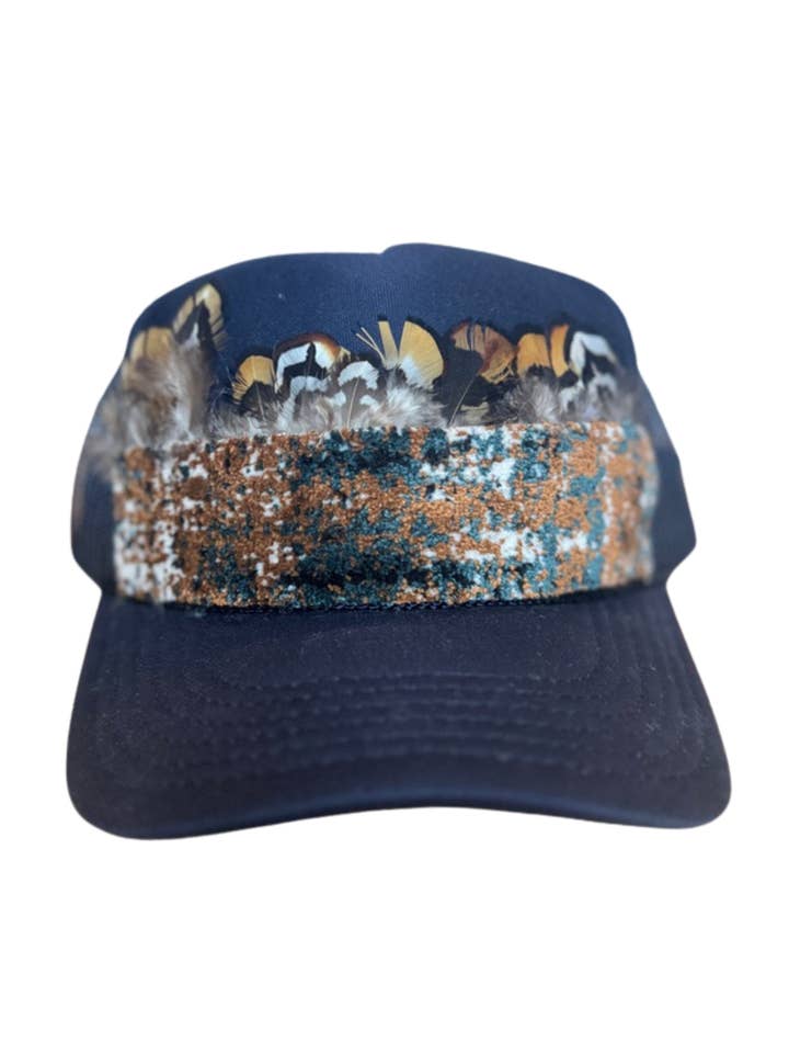 Silver Lining Navy Blue Trucker Tapestry + Feather Trim Hat for wholesale by Remnant