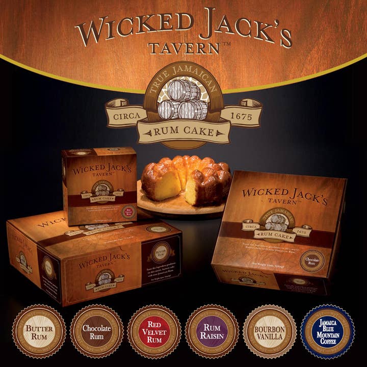 Wicked Jacks Jamaica Rum Cake/ Aroma Ridge Coffee Roasters – Großhandel Kuchen – Wicked Jacks Jamaica Rumkuchen - Schokoladen-Rumkuchen - 4 Unzen