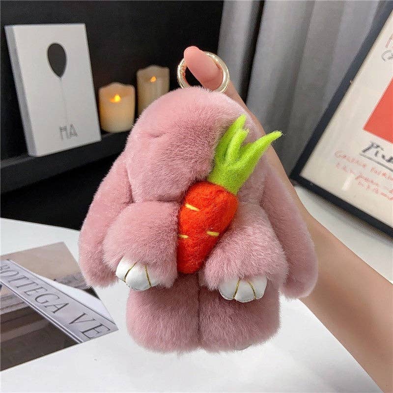 Plush Looks - Wholesale Keychain - Women's - Rex Rabbit Fur Cute Fluffy Bunny Holding Carrot Keychain4
