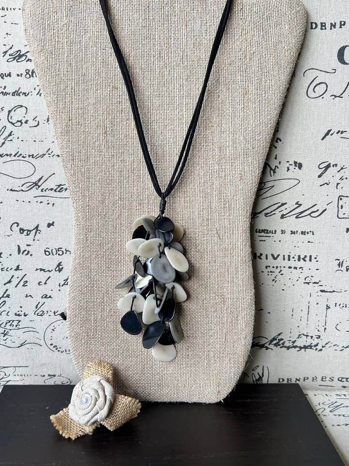 Black white and gray pendant necklace Tagua jewelry Statement necklaces for women Art to wear Fall fashion trends Beach style Artsy gifts for wholesale by Galapagos Tagua