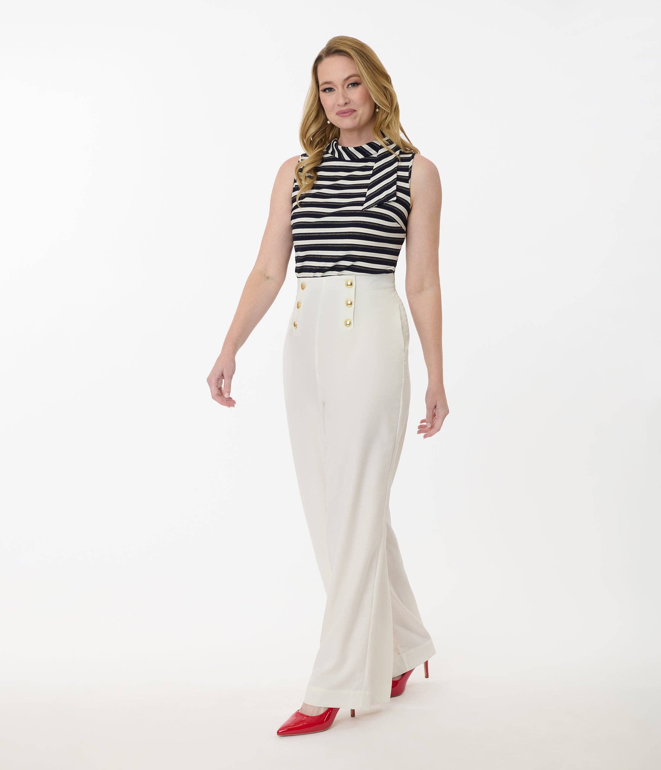 Unique Vintage - Wholesale Pants - Women's - Smak Parlour White & Gold Button Wide Leg Sailor Pants3