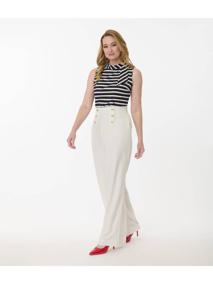 Unique Vintage - Wholesale Pants - Women's - Smak Parlour White & Gold Button Wide Leg Sailor Pants3