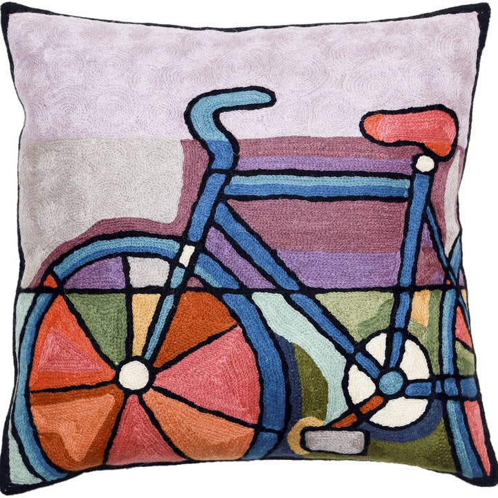 Hand-Embroidered Bicycle Design Pillow - 18-inch Square for wholesale by Cashmere Crafts Inc