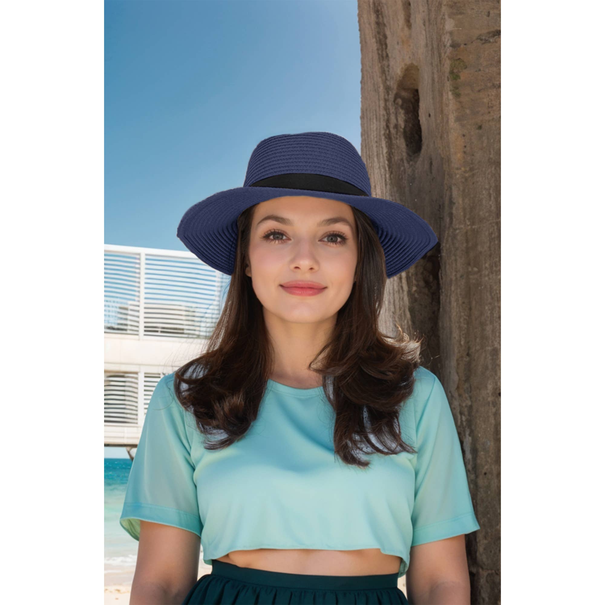 AK Brand - Wholesale Straw Hat - Women's - Wide Brim Straw Fedora Sun Hat Black Band Panama UV Hat31