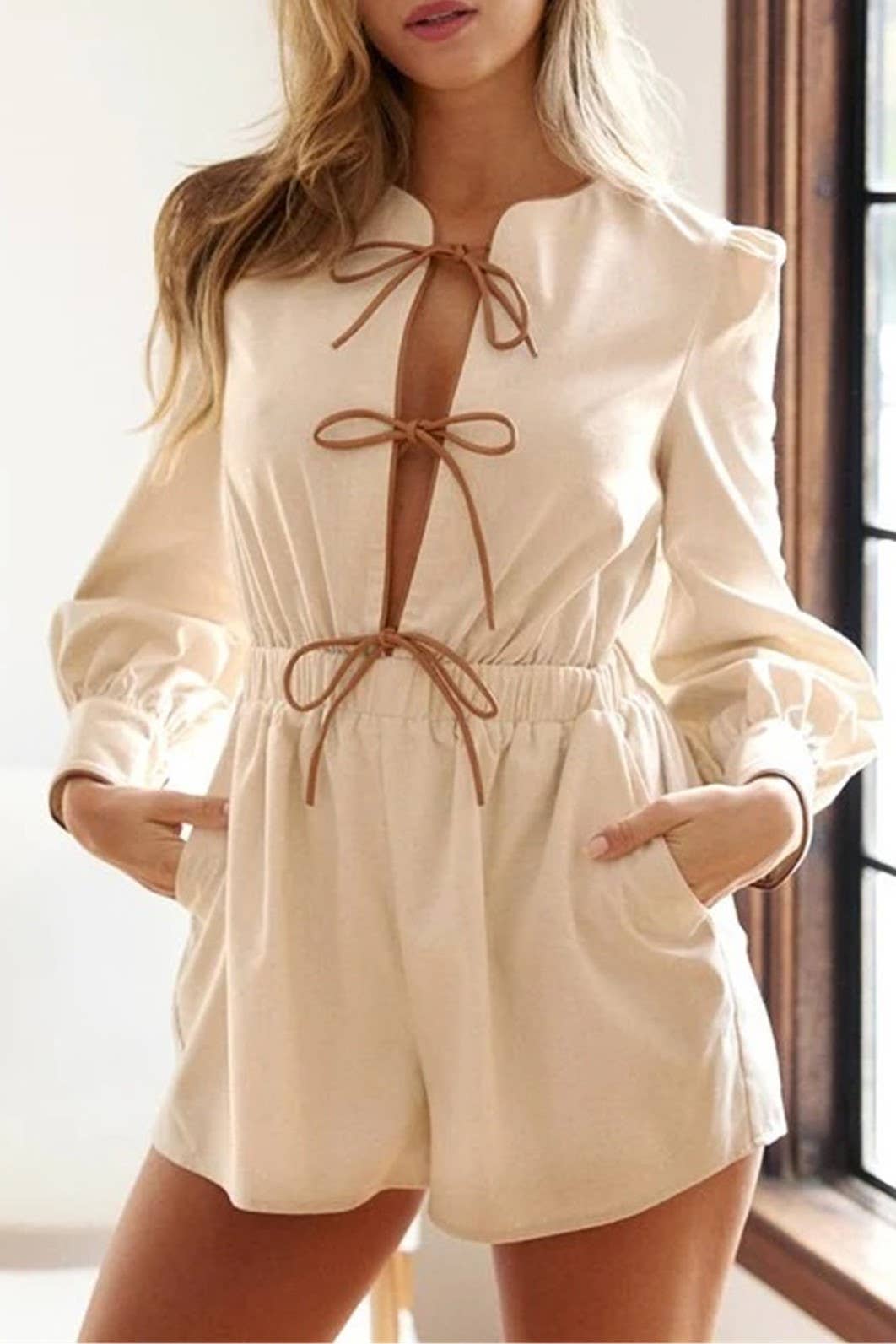 Rosa Clothing - Wholesale Romper - Women's - contrast bow tie front closure long sleeve romper0