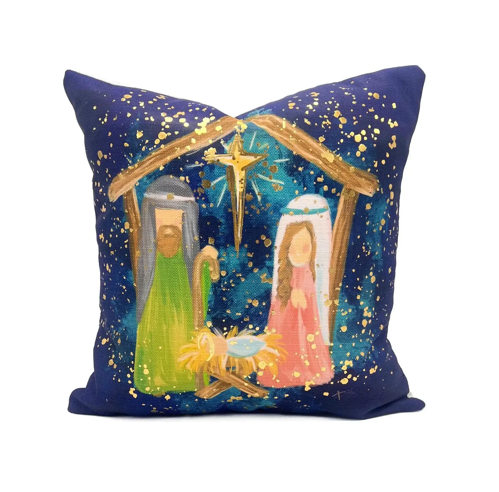 Rachel Brooks Design, LLC - Vente Coussin décoratif - Coussin de Nativité Bleu Marine avec Éclaboussures Dorées0