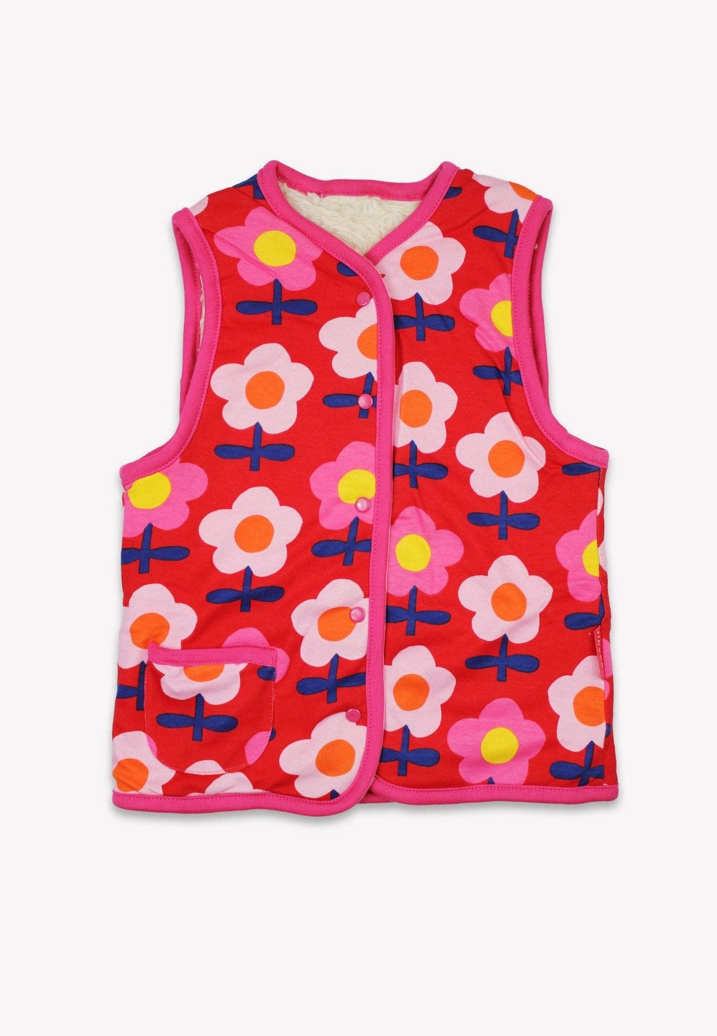 Toby Tiger GmbH - Wholesale Outerwear Vest - Kids - Bio-Baumwoll Kinder Fleece Sweatweste zum Wenden mit Retro-Blumen-Druck