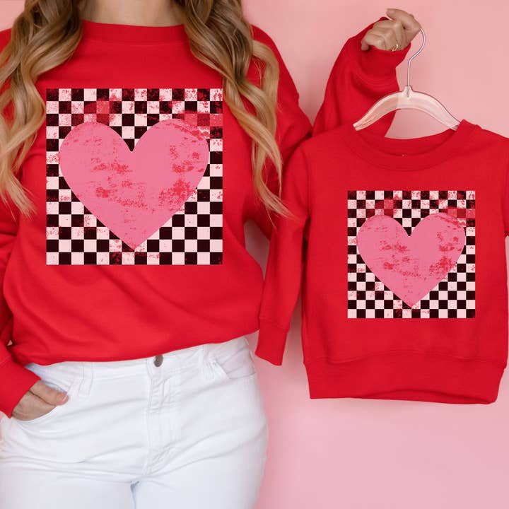 YOUTH Checkered Heart Sweatshirt *RED (XS-XL) for wholesale by Chloe Vs Tank