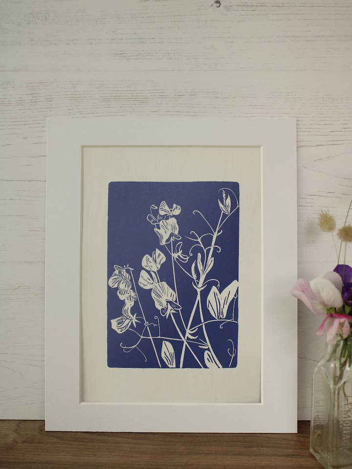 Sweet Peas botanical hand printed linocut garden flower art for wholesale by Jackdaw and Bear
