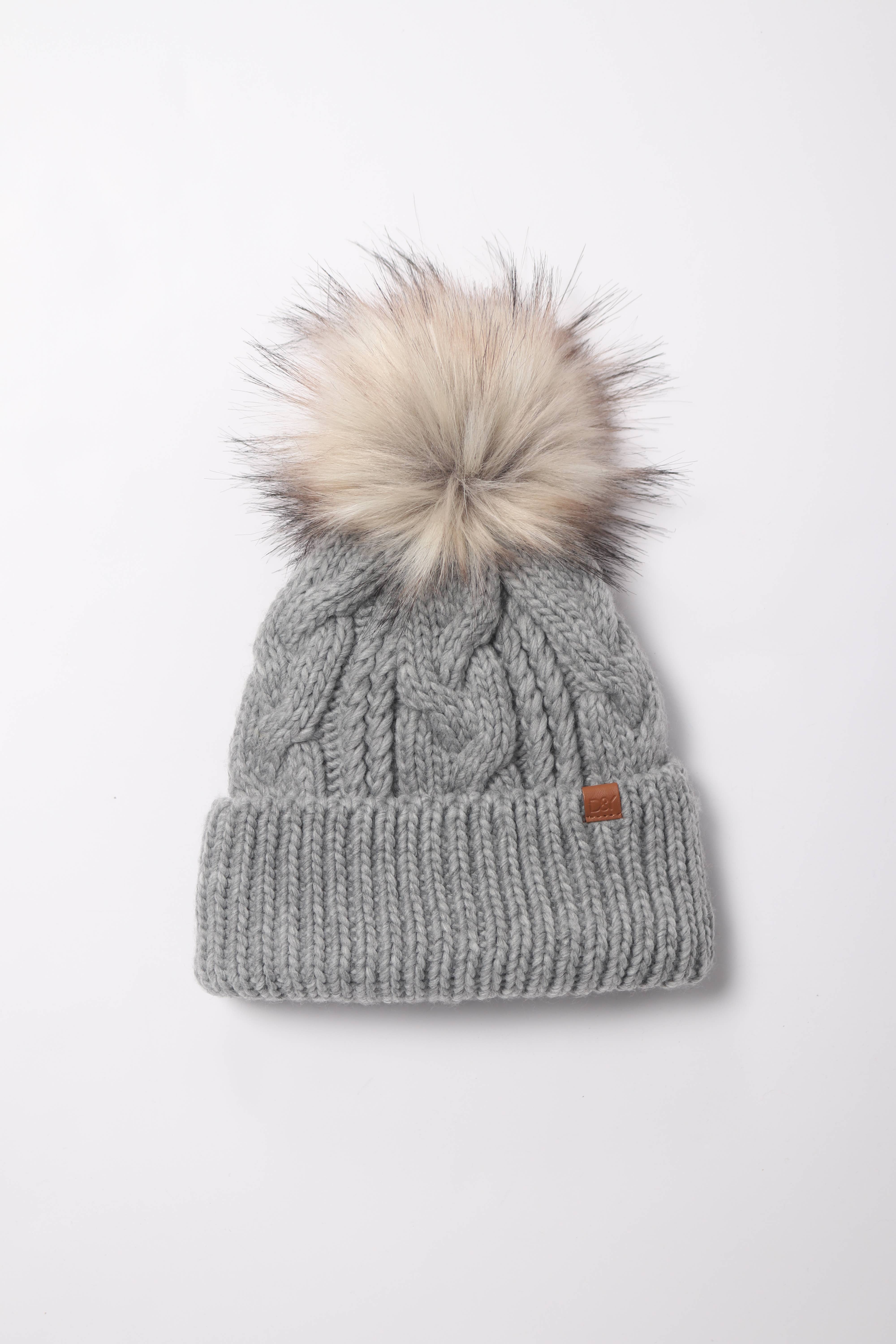 David And Young - Wholesale Beanie - Women's - Cable Knit Beanie with Faux Fur Pom Lining