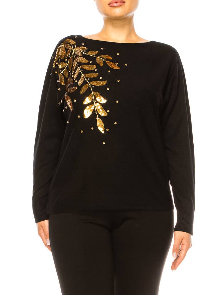 Liv Long Sleeve Embellished Leaves Sweater for wholesale by New Yorker's Apparel