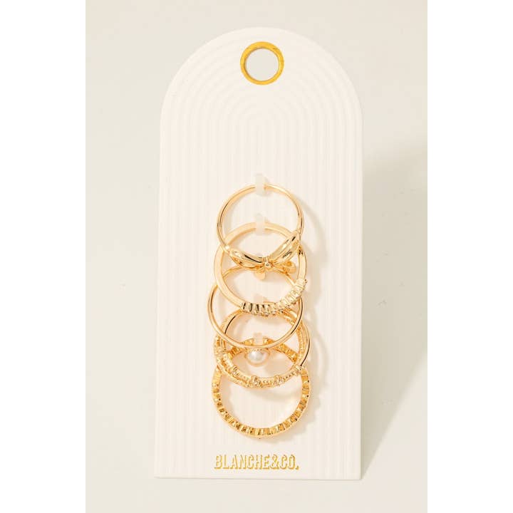 Fame Accessories - Wholesale Band/Stacked Ring - 5Pc Cz Pearl And Ribbon Bow Mixed Band Rings Set