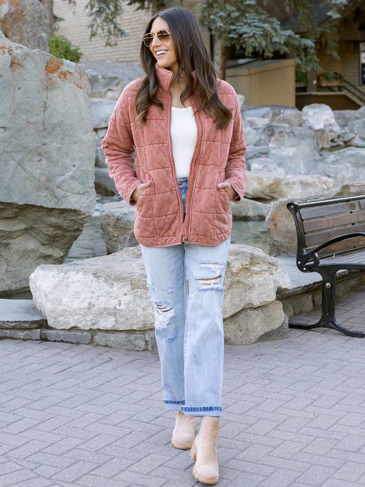 Mineral Washed Quilted Jacket in Terracotta for wholesale on Faire