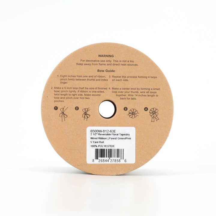 LA Ribbons Wholesale - Wholesale Ribbon - Gift Wrapping - 2 1/2" Reversible Floral Tapestry Wired Ribbon | Forest Green/Pink| 5 Yard Roll
3