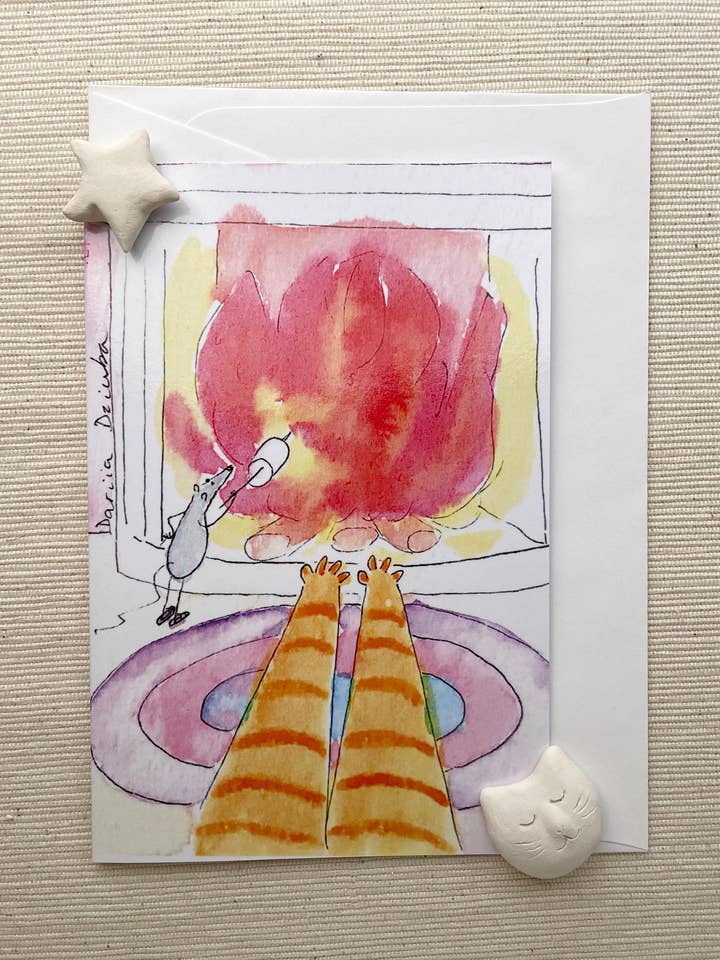 Cozy Fireside Cat Greeting Card (4"x6") with Envelope - Warm Winter Comfort, Blank Inside for Personalized Messages for wholesale by Dariia Dziuba