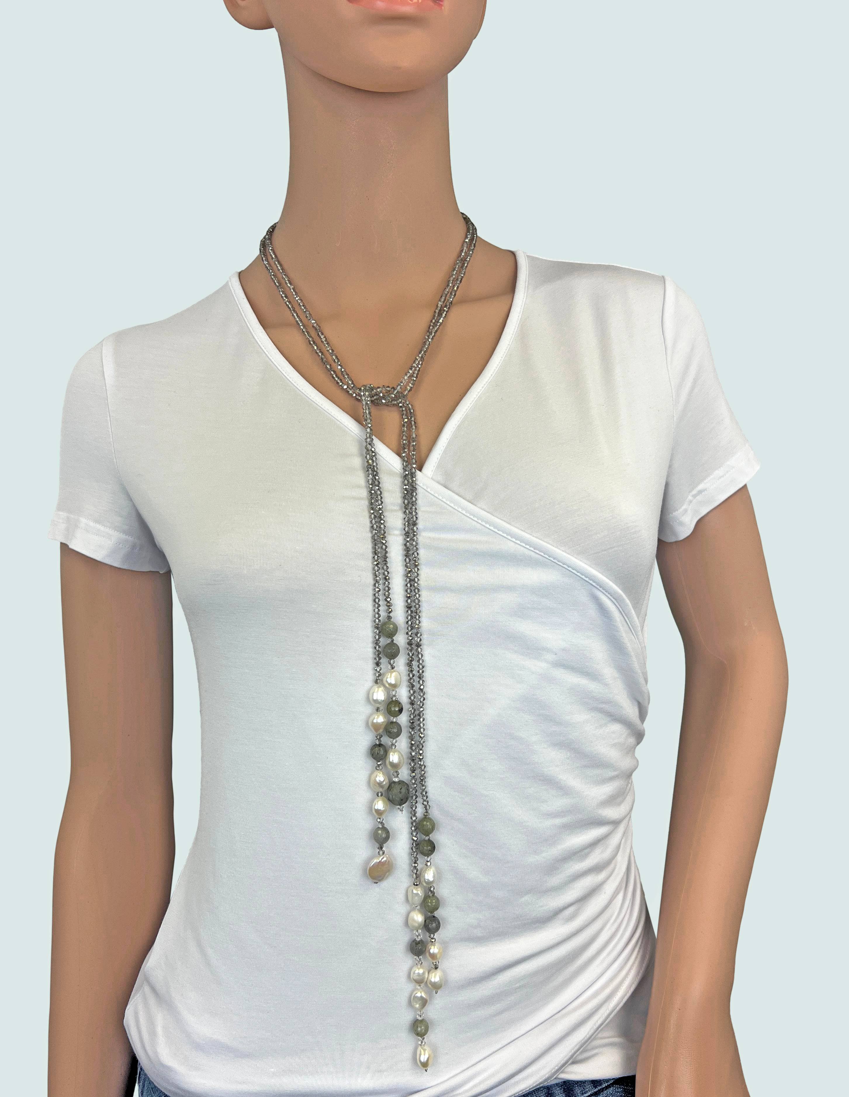 IST Jewelry - Wholesale Beaded/Pearl Necklace - Beaded Crystal and Labradorite Tassel Necklace3