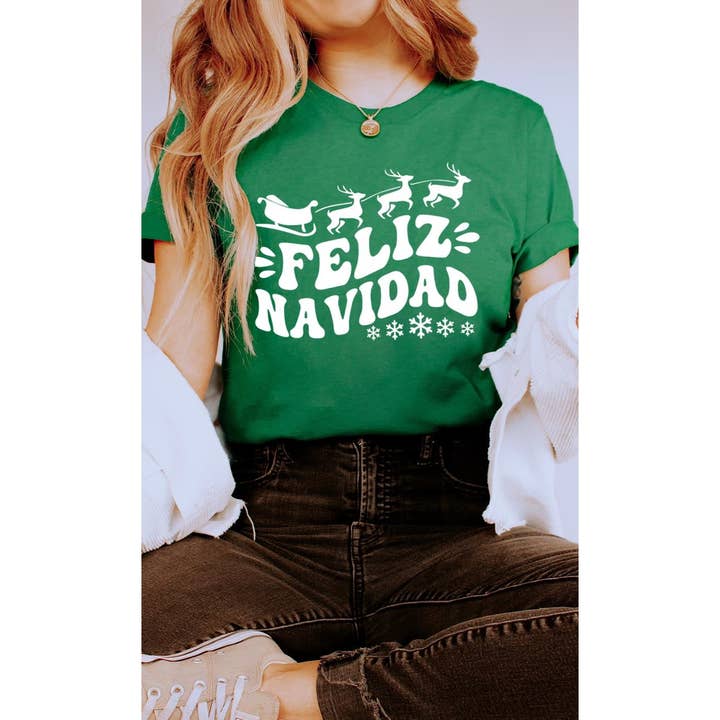 Kissed Apparel - Wholesale Screen Printed T-Shirt - Women's - Sleigh and Reindeer Feliz Navidad Graphic Tee3