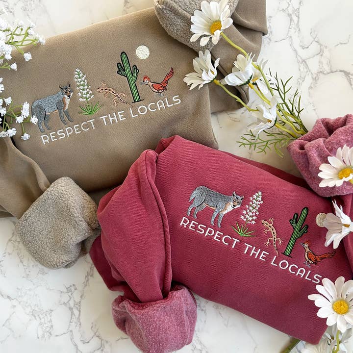 Respect Local Desert Wildlife Embroidered Sweatshirt for wholesale by Plantiful Design Co