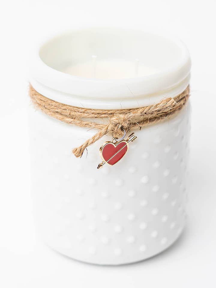 Vintage White Hobnail Candle with Heart/Arrow Charm for wholesale by Sweet Wick Candle Company
