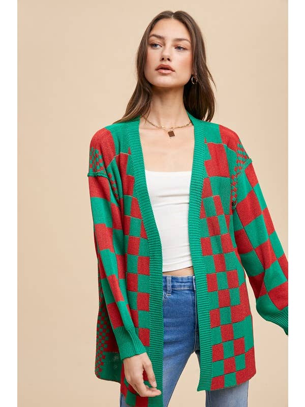 CHRISTMAS MULTI Checkerboard Loose Fit Medium Weight Cardigan for wholesale on Faire