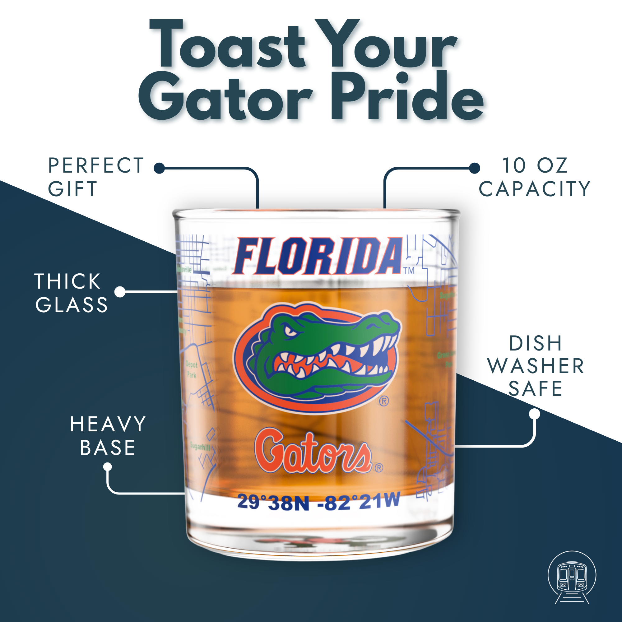 Greenline Goods - Wholesale Cocktail/Liquor Glass - University of Florida Gators College Whiskey Glasses (Set of 2), 10 oz – Full-Color Logo + Campus Map1