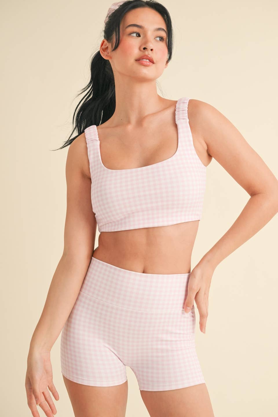 KIMBERLY C - Wholesale Sports Bra - Women's - Gingham Print Ruched Bra Top86