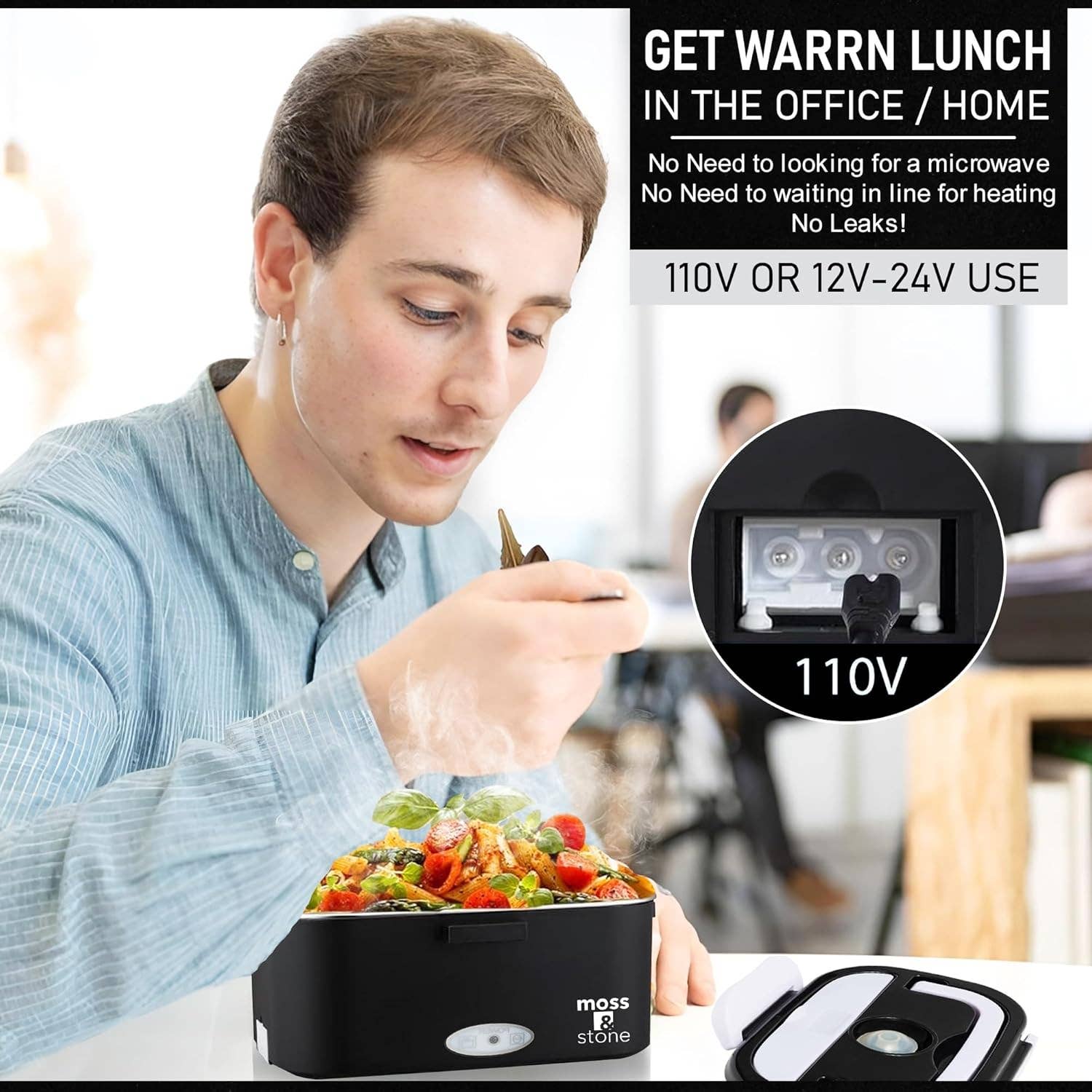Moss & Stone - Wholesale Lunch Bag/Box - Electric Lunch Box Food Heater for Adults Food Warmer Lunch Box, 12/24/110v Lunch Box Warmer Portable For Work/Car/Truck, Fork & Spoon & 1.5L Removable S.S Container5