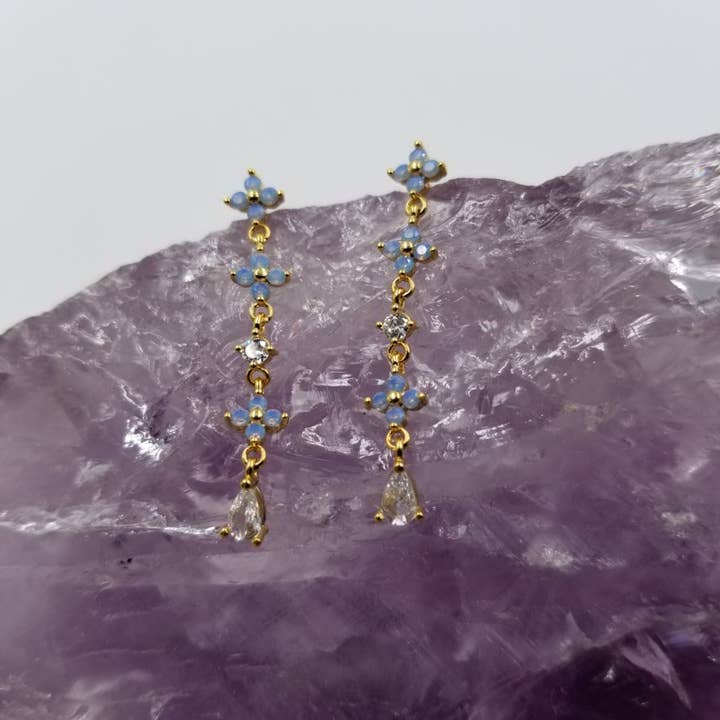 Blue Flower Crystal Dangle Earrings for wholesale by magnolia jewelry
