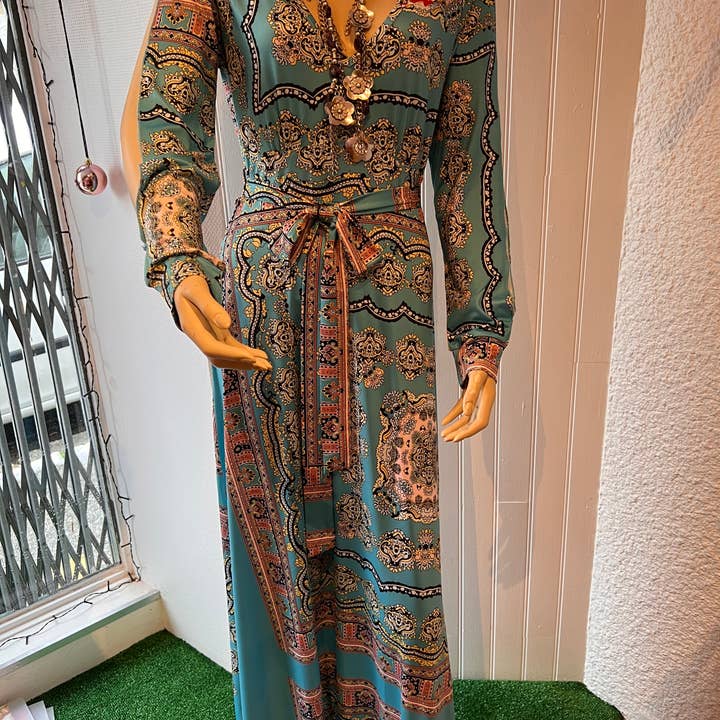 Turquoise long sleeve open flared maxi dress for wholesale by JANE FASHION MODE