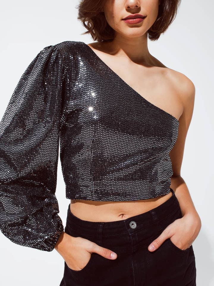 Party Cropped one shoulder top with glitter detail in silver for wholesale by Q2—All Orders:Free Duties for the US,UK,and Canada
