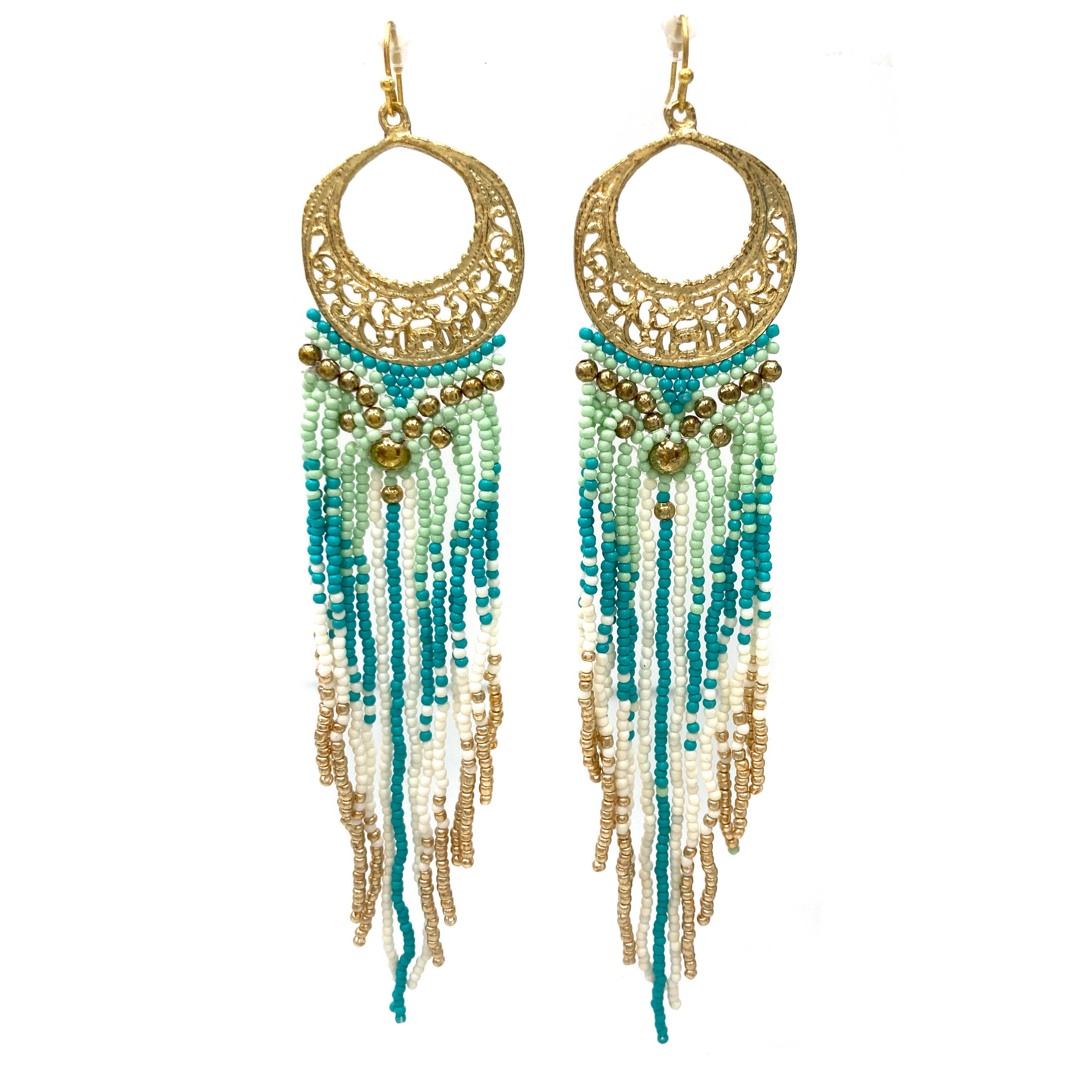 Lunar Deer – Brincos com berloques por atacado – Brincos Longos de Miçangas com Franjas e Flores em Crescente3