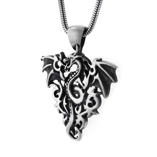Silver Insanity - Wholesale Pendant/Charm Necklace - Fire Breathing Medieval Dragon Pendant Necklace with 20" Snake Chain