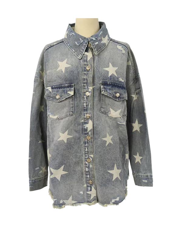 Star shacket denim jacket for wholesale by Rosa Clothing